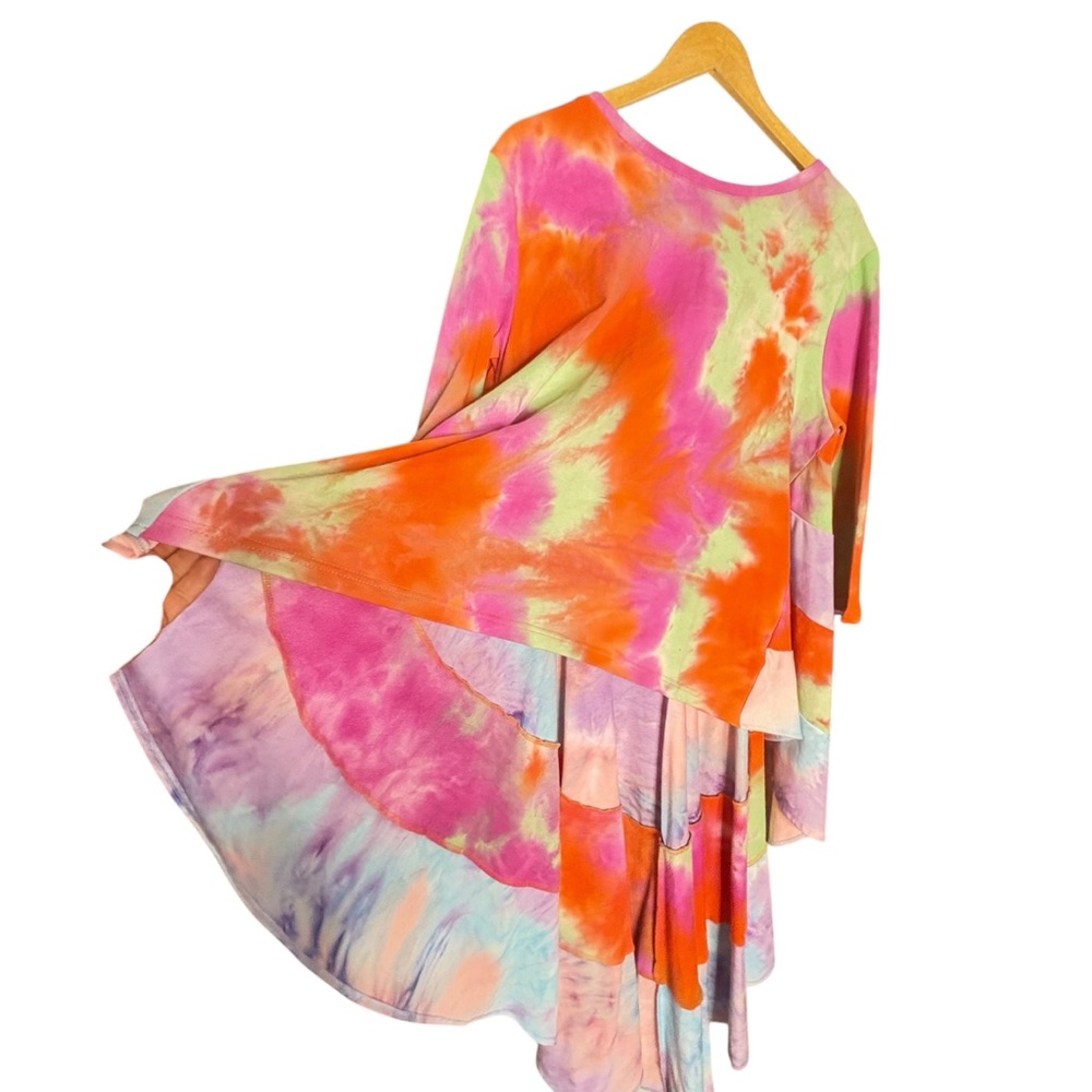 Why Dress Colorful Tie Dye Hi Low 3/4 Sleeve Tiered Ruffled Back NWT XL - Picture 3 of 14